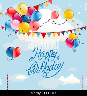 Festlicher Rahmen mit Luftballons und Fähnchen auf blauen Himmel. Happy birthday Cartoon Illustration. Stock Vektor
