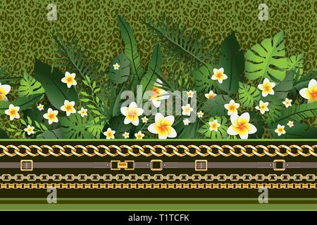 Nahtlose Muster exotische Floral Background. Tropische Blüten und Blätter auf grünem Hintergrund. Grün drucken nahtloses Design Stock Vektor