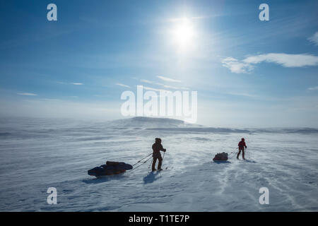 Cross Country Ski Touren Gruppe der Finnmarksvidda Plateau überquert. Finnmark, Das arktische Norwegen. Stockfoto