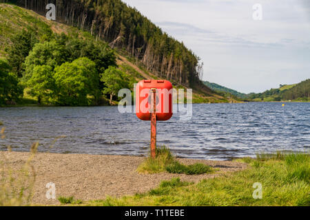 Blick über Llyn Geirionydd mit einem Rettungsring im Vordergrund - in der Nähe von Llanwrst, Conwy, Wales, Großbritannien Stockfoto