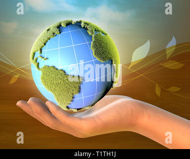Weibliche Hand, die eine Erde. Kontinente sind in Gras bedeckt. 3D-Darstellung. Stockfoto