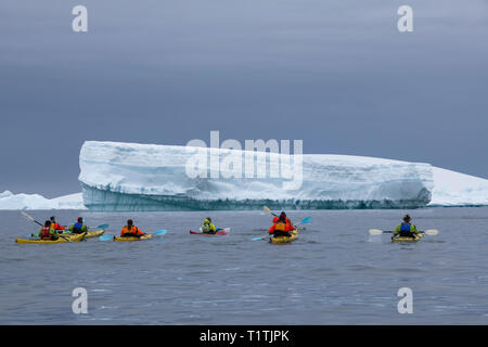 Der Antarktis. Port Charcot (nördliche Ende stand Insel) & Pleneau Bay. Abenteuer und Expedition Touristen Kajakfahren in der Nähe der Eisberge. Stockfoto