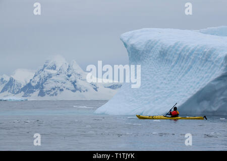 Der Antarktis. Port Charcot (nördliche Ende stand Insel) & Pleneau Bay. Abenteuer und Expedition Touristen Kajakfahren in der Nähe der Eisberge. Stockfoto