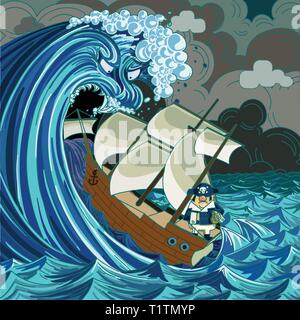 Meine konfrontiert riesige Welle mit großen Zähnen ist das Schlucken einer alten Segelschiff als der Kapitän seelenruhig in der Rückseite steht. Stock Vektor