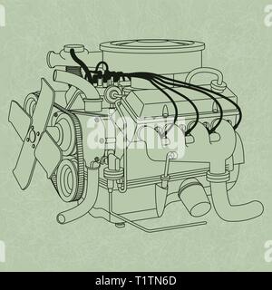 Generische Auto Motor Diagramm, auf grünem Hintergrund, die im Stil einer auto motor Handbuch. Stock Vektor