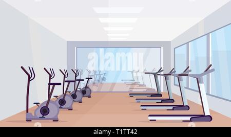 Laufbändern und Spinning-Rädern moderne Ausrüstung Sport gesunder Lebensstil Konzept leer keine Personen Fitnessraum interior design horizontal Stock Vektor