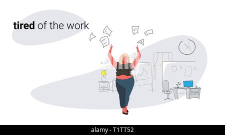 Unzufrieden fette Frau boss werfen papers Dokumente schlechter Job Konzept wütend Übergewicht Geschäftsfrau Arbeitgeber moderne Büro innen Skizze doodle Stock Vektor