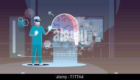 Männlicher Arzt tragen digital Gläser Suche virtual reality Gehirn Organ des Menschen Anatomie Healthcare Medical VR-Headset vision Konzept Krankenhaus op Stock Vektor