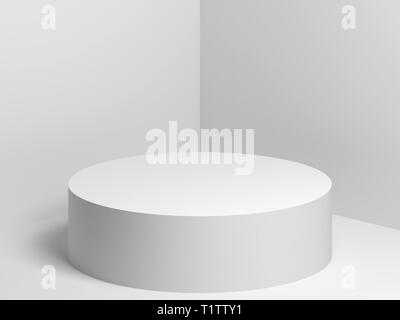 Weiß zylindrische Podium steht in leere Ecke, 3D-Rendering illustration Stockfoto