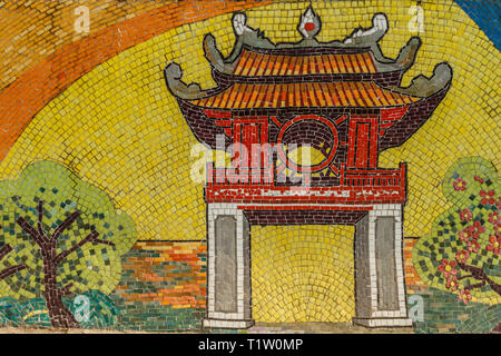 Hanoi Keramik Mosaik Wandbild oder Hanoi Keramik Straße. Vietnam. Darstellung Tempel der Literatur. Die längste Keramische Wand in der Welt, Guinness Rekord. Stockfoto