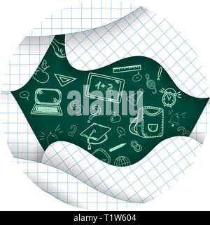 Zurück zu Schule Hintergrund Papier Seiten ausschneiden Symbol Bleistifte Buchstaben Wecker Aktenkoffer Schiefertafel Notebook Vector Illustration Stock Vektor