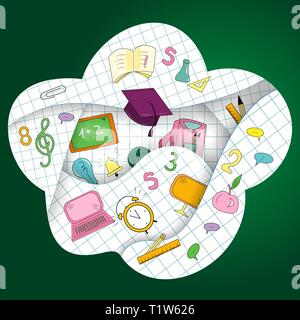 Zurück zu Schule Hintergrund Papier Seiten ausschneiden Symbol Bleistifte Buchstaben Wecker Aktenkoffer Schiefertafel Notebook Vector Illustration Stock Vektor