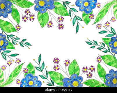 Aquarell Blumen Rahmen mit gemalten Wildblumen. Design für Einladungen und Postkarten Stockfoto