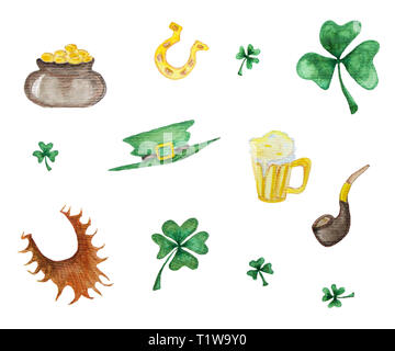 Aquarell set verschiedener Elemente, die für die St. Patrick s Day. Auf weissem Hintergrund. Stockfoto