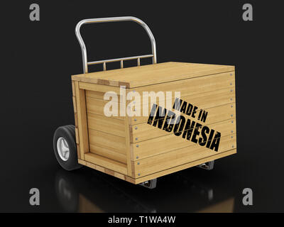 Holzkiste mit Hergestellt in Indonesien an Hand Truck. Bild mit Freistellungspfad Stockfoto