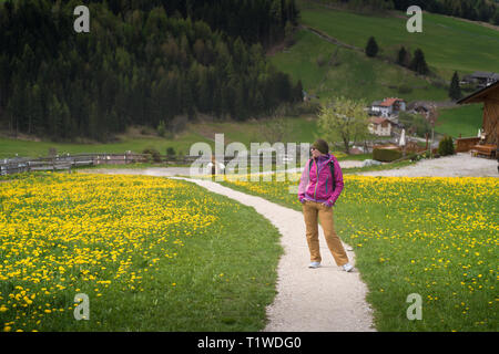 Aktiv gesund Frau zu Fuß durch die schöne Wiese mit Blumen bedeckt. Porträt der glückliche junge womanhiking in Bergen clearing während der Ferien Stockfoto