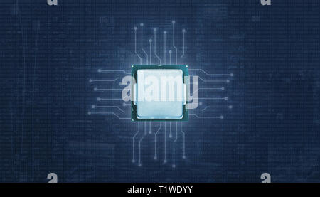Prozessor mit ligting mikroelektronischen Schaltungen. Der binäre Code in abstrakten Hintergrund. Stockfoto