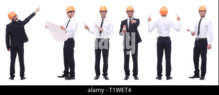 Panorama Foto Collage von qualifizierten Architekten isoliert auf weißem Stockfoto