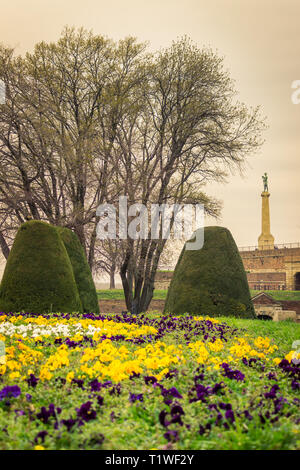 Die berühmten Victor (Pobednik) Monument im Hintergrund und Vordergrund bunte Blumen niedrige Perspektive Schuß auf Kalemegden Festung in Belgrad Stockfoto