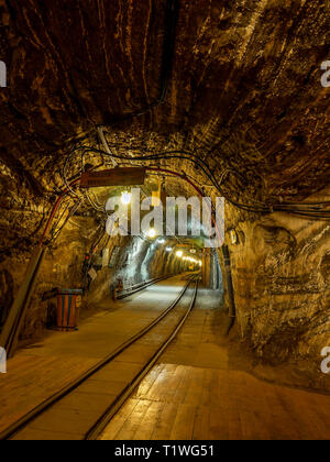 BOCHNIA, Polen - 4 Mai, 2013: Passagier Bahnhof in alten Salzbergwerk Bochnia Salzbergwerk, Polen Stockfoto