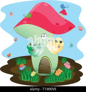 Süße Würmer und Pilz. cartoon Vector Illustration. Stock Vektor