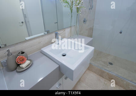 Badezimmer in moderne australische Home, große helle Zimmer, Holzböden, Metall Geländer, Kunstwerke, Outdoor und Balkon unterhalten. Stockfoto