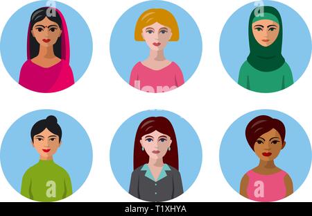 Abbildung: internationale Frauen Avatare Icons für soziale Medien Stock Vektor