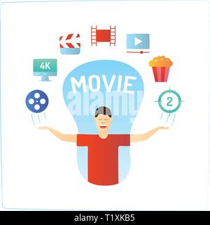 Charakter mit seinen Händen und video Produktion Kino doodle Symbol. Stock Vektor
