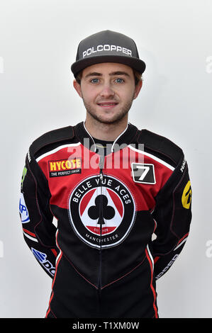 Jaimon Lidsey während der Belle Vue Aces Medien Aufruf an der Nationalen Speedway Stadion, Manchester am Montag, 25. März 2019. (Credit: Eddie Garvey | MI Nachrichten) Stockfoto