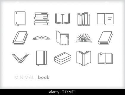 Satz von 15 Buchen Sie Zeile für Symbole der Schule, Buch, Lehrbuch, Journal, Romane Stock Vektor