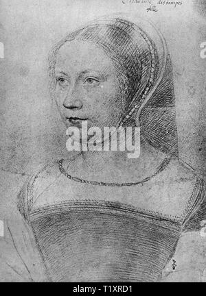 Bildende Kunst, Jean Clouet (1480-1541), Zeichnung, Diane de Poitiers in jüngeren Jahren, 'Madame destampes, fille", Anfang des 16. Jahrhunderts, Additional-Rights - Clearance-Info - Not-Available Stockfoto