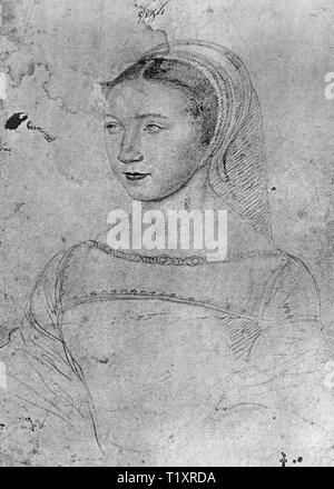 Bildende Kunst, Jean Clouet (1480-1541), Zeichnung, Jossine de Pisseleu, Dame Lenoncourt, Comtesse de Vignory, Porträt, 1535, Musée Condé, Chantilly, Additional-Rights - Clearance-Info - Not-Available Stockfoto