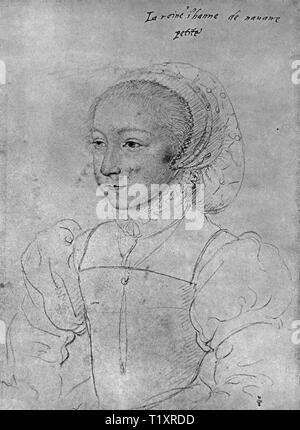 Bildende Kunst, Francois Clouet (1510 - 1572), Zeichnung, Jeanne d'Albret, der Königin von Navarra, Porträt, als Kind, 1540, Additional-Rights - Clearance-Info - Not-Available Stockfoto