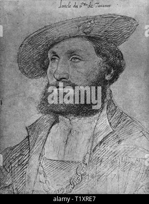 Bildende Kunst, Jean Clouet (1480-1541), Zeichnung, 'L'Oncle du Seigneur de Tavanes' (der Onkel von Seigneur de Tavannes), Porträt, 1528, Additional-Rights - Clearance-Info - Not-Available Stockfoto