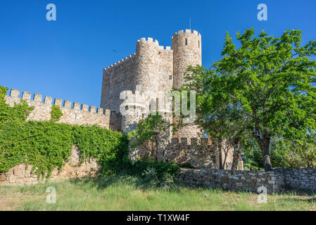 Castillo de la Coracera Schloss, an einem sonnigen Tag mit blauem Himmel, umgeben von grünen Bäumen. XV Jahrhundert Festung. In San Martin de Valdeiglesias, Madr entfernt Stockfoto