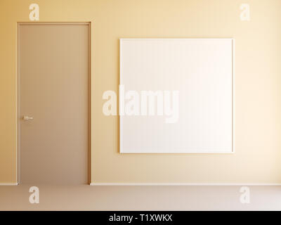 Innenraum mockup Illustration, 3D-Rendering von einfachen Zimmer mit Tür und weiße leere Rahmen Stockfoto