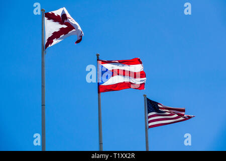 Drei Flaggen USA, Puerto Rico und Burgandy Kreuz von San Juan, Puerto Rico s Hauptstadt und größte Stadt, sitzt auf der atlantischen Küste der Insel. Die breiteste b Stockfoto