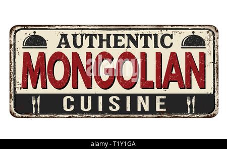 Authentische mongolische Küche vintage rostiges Metall Zeichen auf weißem Hintergrund, Vector Illustration Stock Vektor