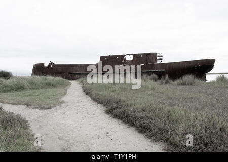 Rusting Hulk der alten Schiff Waverley in Untiefen des Wairau Lagunen auf die Natur zu Fuß versenkt Entsättigt gegen weißen Himmel. Stockfoto