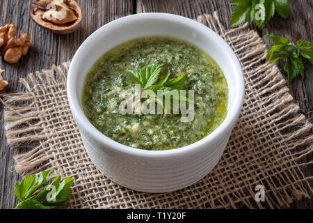 Pesto aus jungen Boden ältere Blätter und Walnüsse Stockfoto