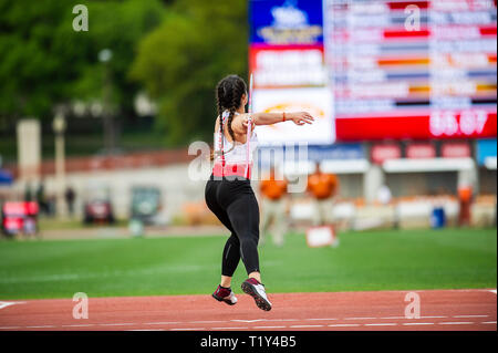 März 28, 2019: Alexis McAllister #3034 mit... Utah in Aktion Frauen Speerwurf Abschnitt B Univ/Coll am Clyde Littlefield Texas Relais, Mike A. Myers Stadion. Austin, Texas. Mario Cantu/CSM Stockfoto