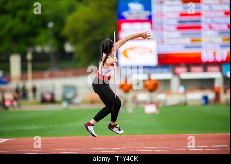 März 28, 2019: Alexis McAllister #3034 mit... Utah in Aktion Frauen Speerwurf Abschnitt B Univ/Coll am Clyde Littlefield Texas Relais, Mike A. Myers Stadion. Austin, Texas. Mario Cantu/CSM Stockfoto