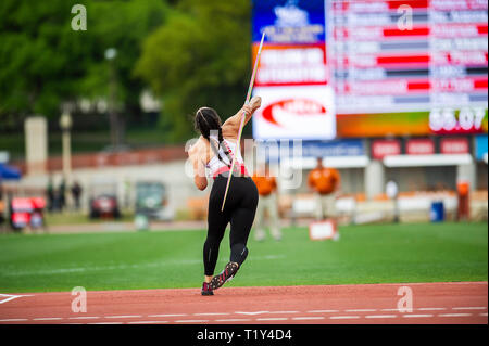 März 28, 2019: Alexis McAllister #3034 mit... Utah in Aktion Frauen Speerwurf Abschnitt B Univ/Coll am Clyde Littlefield Texas Relais, Mike A. Myers Stadion. Austin, Texas. Mario Cantu/CSM Stockfoto