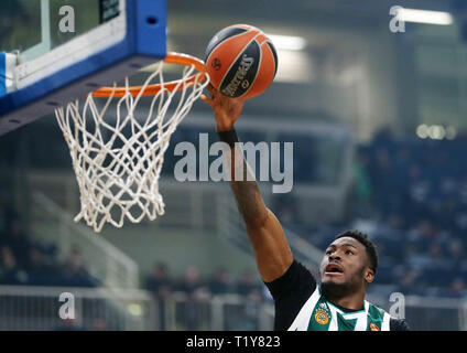 Athen, Griechenland. 28. März, 2019. Thanasis OPAP Antetokounmpo von Panathinaikos Athen Kerben während der regulären Spiel der Basketball Euroleague OPAP zwischen Panathinaikos Athen und Real Madrid im oaka Stadium in Athen, Griechenland, am 28. März 2019. Panathinaikos verloren 73-74. Credit: Marios Lolos/Xinhua/Alamy leben Nachrichten Stockfoto