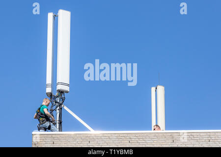 OOSTERHOUT, Niederlande, 29-03-2019, Nieuws Binnenland,, KPN arbeitet auf den Ausbau und die Erneuerung des Mobilfunknetzes. Beispielsweise zusätzliche mobile Antennen sind in einer Reihe von Orten installiert das mobile Netzwerk zu erweitern und es stabiler zu machen. Diese neuen Antennen sind bereits für die neue 5G-Netz vorbereitet und können neue Kunden mit dem neuen schnellen 5G-Netz mit einer kleinen Einstellung. Stockfoto