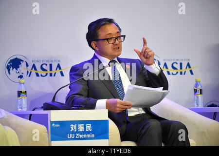 Boao, China Hainan Provinz. 29 Mär, 2019. Liu Zhenmin, stellvertretender Generalsekretär der Vereinten Nationen, spricht an der Tagung der "Frontier Technologie und Nachhaltige Entwicklung" während des Boao Forum für Asien Jahreskonferenz in Boao, South China Hainan Provinz, 29. März 2019. Quelle: Guo Cheng/Xinhua/Alamy leben Nachrichten Stockfoto