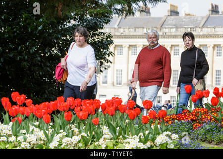 Badewanne, Somerset, UK, 29. März, 2019. Die Menschen genießen die warme Sonne abgebildet vorbei gehen. bunte Tulpen in Royal Victoria Park. Credit: Lynchpics/Alamy leben Nachrichten Stockfoto