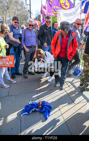 London, Großbritannien. 29 Mär, 2019. Pro Brexit Mitkämpfer brennen heute eine EU-Flagge außerhalb der Häuser des Parlaments in London, da sie ihre Wut auf die EU nicht verlassen heute verursacht Verkehrschaos in der Stadt zeigen. MP's sind heute zu diskutieren, dass das Europäische Parlament an dem Tag, an dem es ursprünglich sein sollte: Simon Dack/Alamy Live-Nachrichten passieren Stockfoto