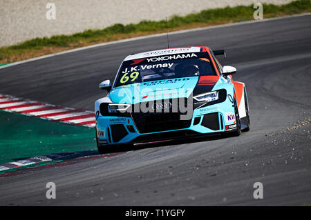 Barcelona, Spanien. 29. März, 2019. Jean Karl Vernay (FRA), Leopard Racing Team Audi Sport, Audi RS 3 LMS in Aktion während der WTCR offizielle Test auf dem Circuit de Catalunya. Credit: Pablo Guillen/Alamy leben Nachrichten Stockfoto