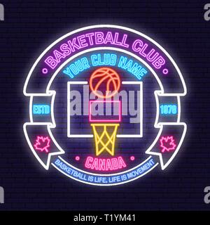 Basketball Club neon Design oder Emblem. Vector Illustration. Konzept für T-Shirt, Druck, Stempel oder T-Stück. Vintage Typografie Design mit Ring, Basketballkorb und Ball Silhouette. Nacht neon Schild Stock Vektor